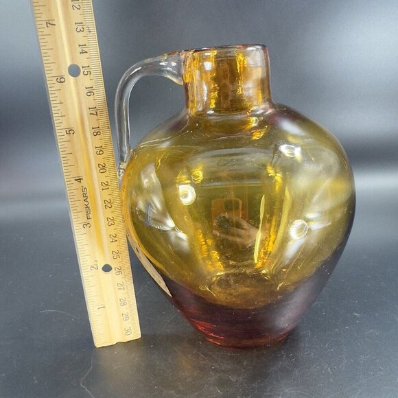 Vintage Hand Blown Amber Glass Jug Decanter Vase With Clear Applied Handle Glass - Picture 5 of 16